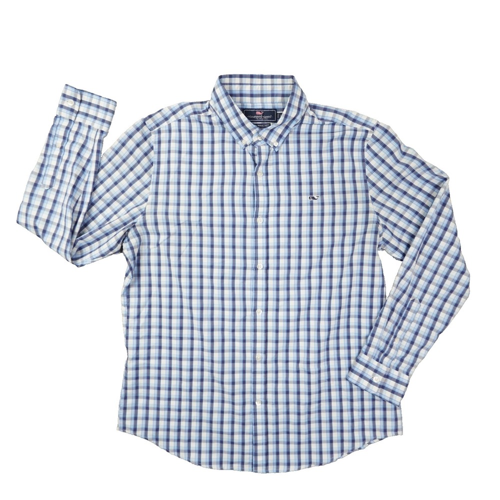 Vinyeard Vines Slim Fit Whale Shirt Men's Large Blue White Plaid Performance